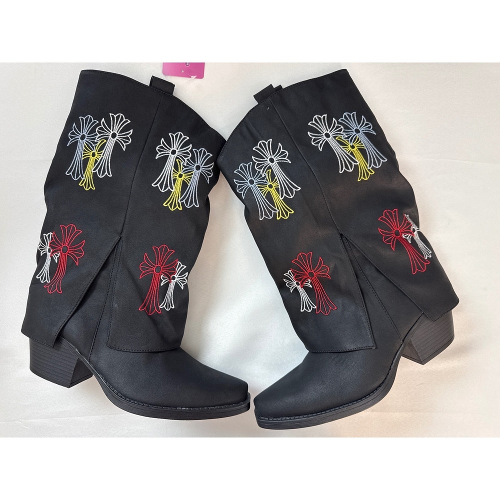 Hawkwell Womens 9 Black Cowgirl Boots Embroidered Cross Fold Over Western NIB